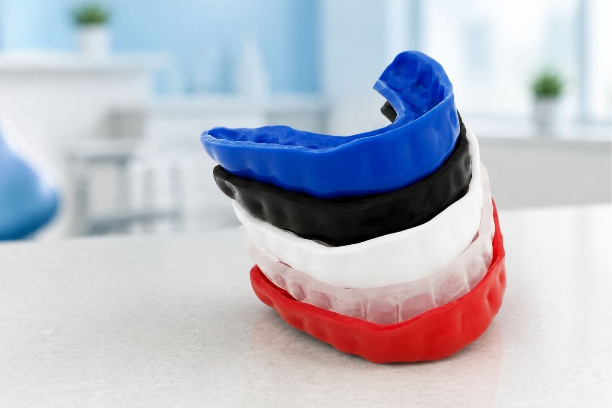 Stack of colorful custom athletic mouthguards from saycheeseclub for protecting athletes’ teeth during sports