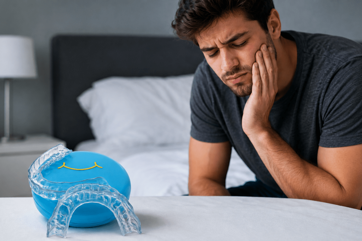 Man experiencing jaw pain from night guard side effects with a clear dental night guard and storage case from SayCheeseClub