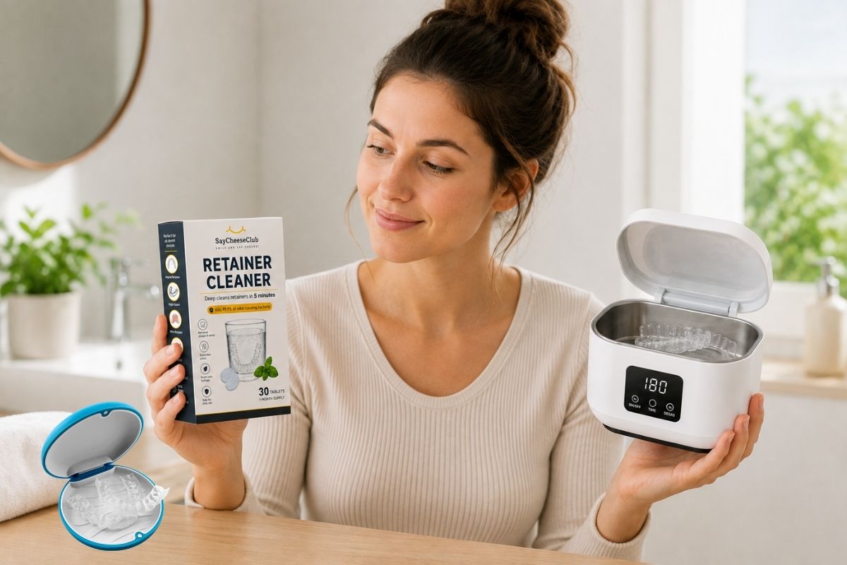 Woman comparing SayCheeseClub Retainer Cleaner tablets with an ultrasonic cleaner for cleaning clear retainers