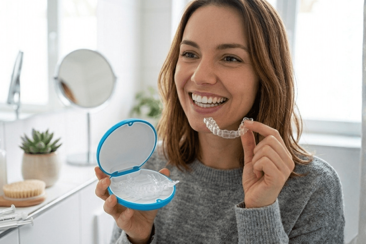 A smiling woman holds a clear dental aligner near her mouth and a blue case in the background. She appears happy and in a bright, cozy setting.
