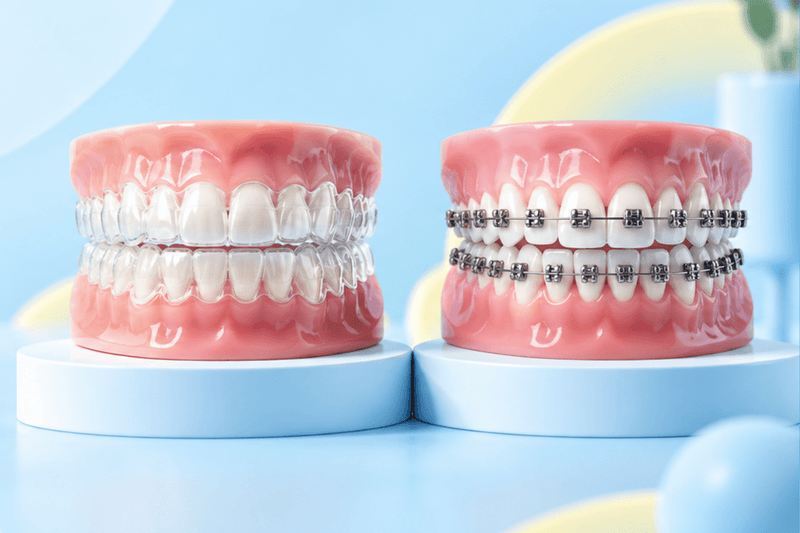 Dental models comparing clear aligners and traditional metal braces.