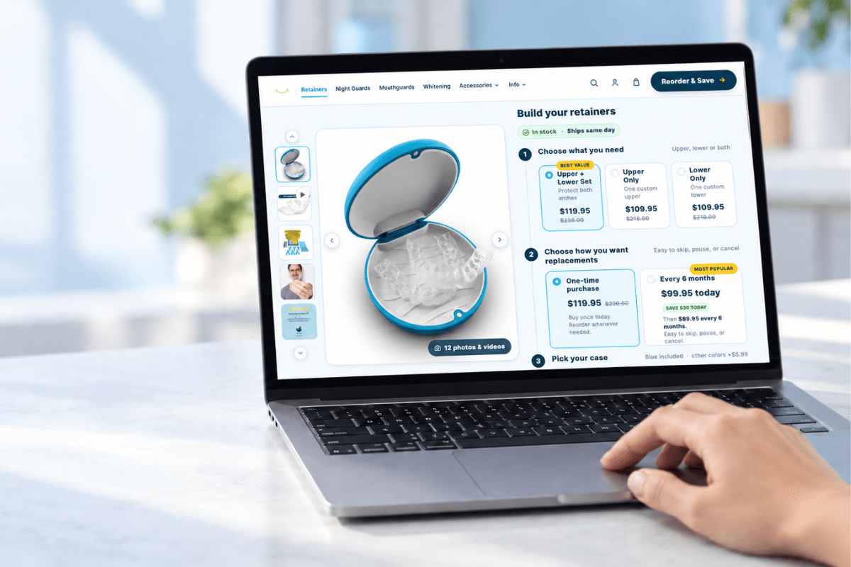 Laptop displaying online clear retainer replacement options for upper, lower, or full sets from SayCheeseClub.