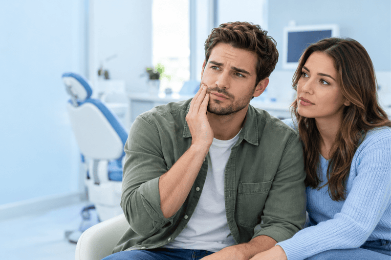 Man touching his jaw with a concerned expression while sitting beside a woman in a dental clinic.
