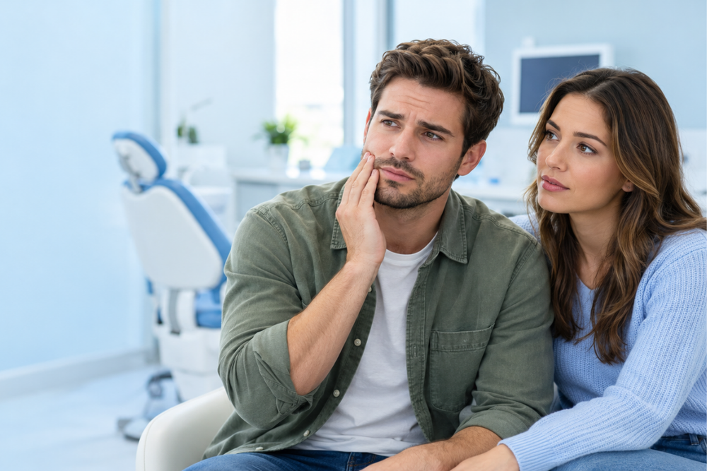 Man touching his jaw with a concerned expression while sitting beside a woman in a dental clinic.
