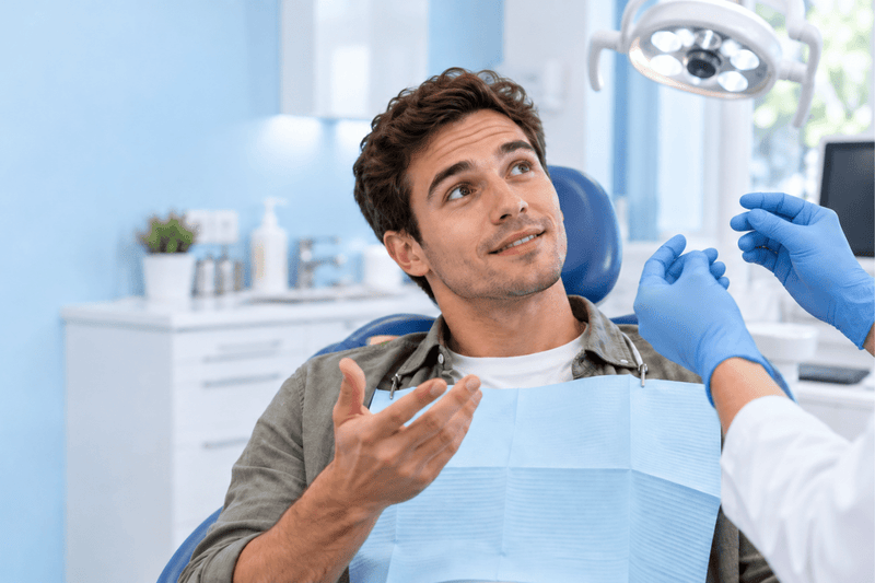 Man consulting an orthodontist about a replacement retainer in a dental clinic.