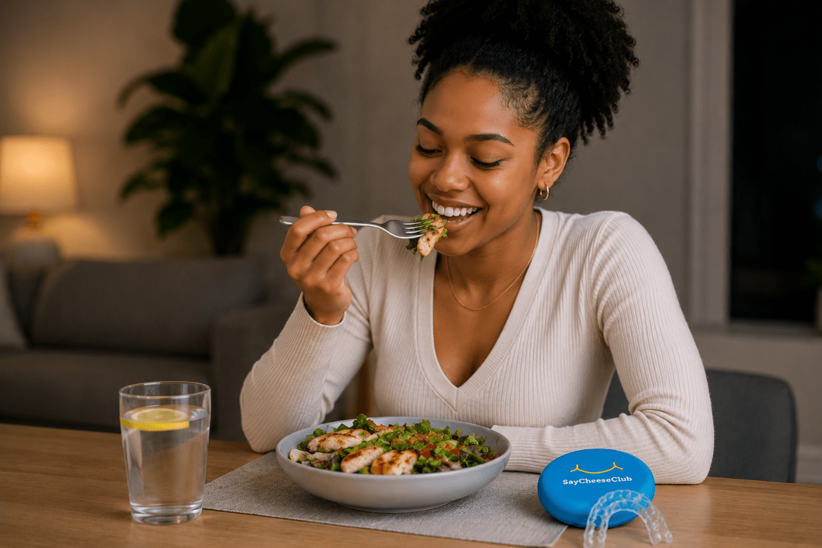 Person enjoying a meal with clear retainers placed beside a SayCheeseClub retainer case
