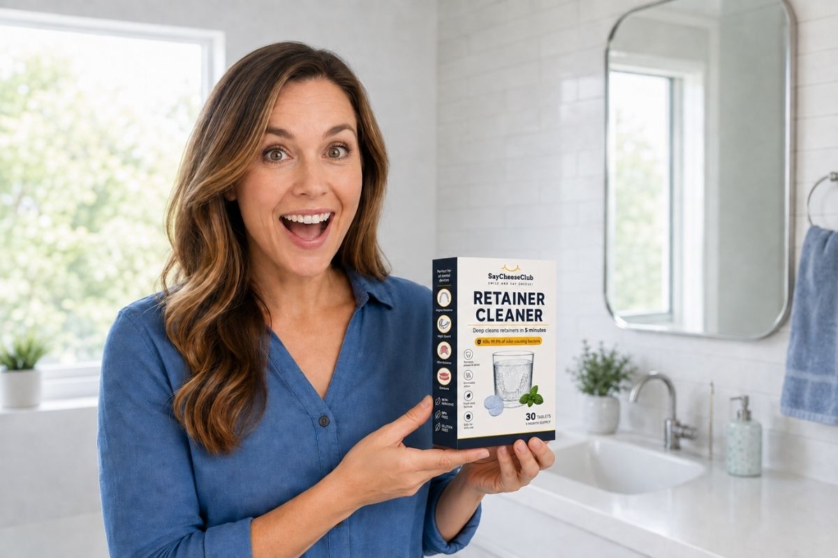 Woman holding retainer cleaner as an alternative to denture cleaner from saycheese for retainers