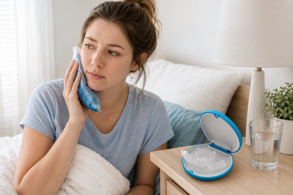 Woman using an ice pack after wisdom teeth removal with a clear dental retainer from SayCheeseClub in its case nearby