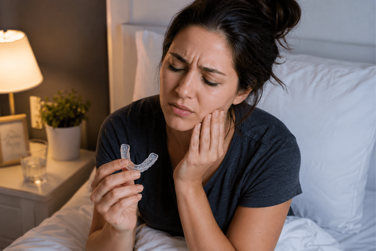 Woman sitting on a bed holding a dental night guard, touching her cheek and appearing to be in discomfort or pain.