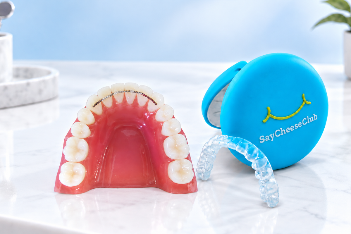 Fixed wire retainer on a dental model beside a clear removable retainer and blue SayCheeseClub retainer case