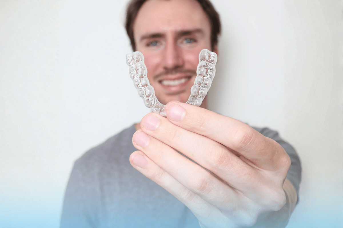 A person holds a clear dental aligner in focus, smiling in the blurred background. The image conveys confidence and dental care.