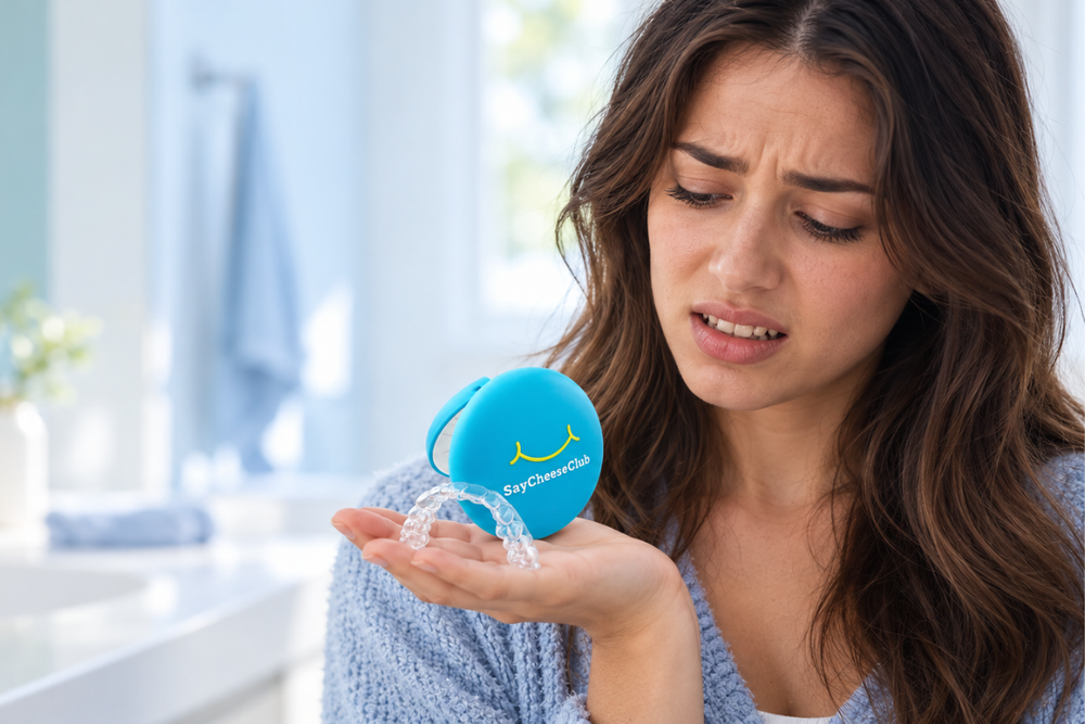 Woman looking worried while holding a clear retainer and blue SayCheeseClub case.