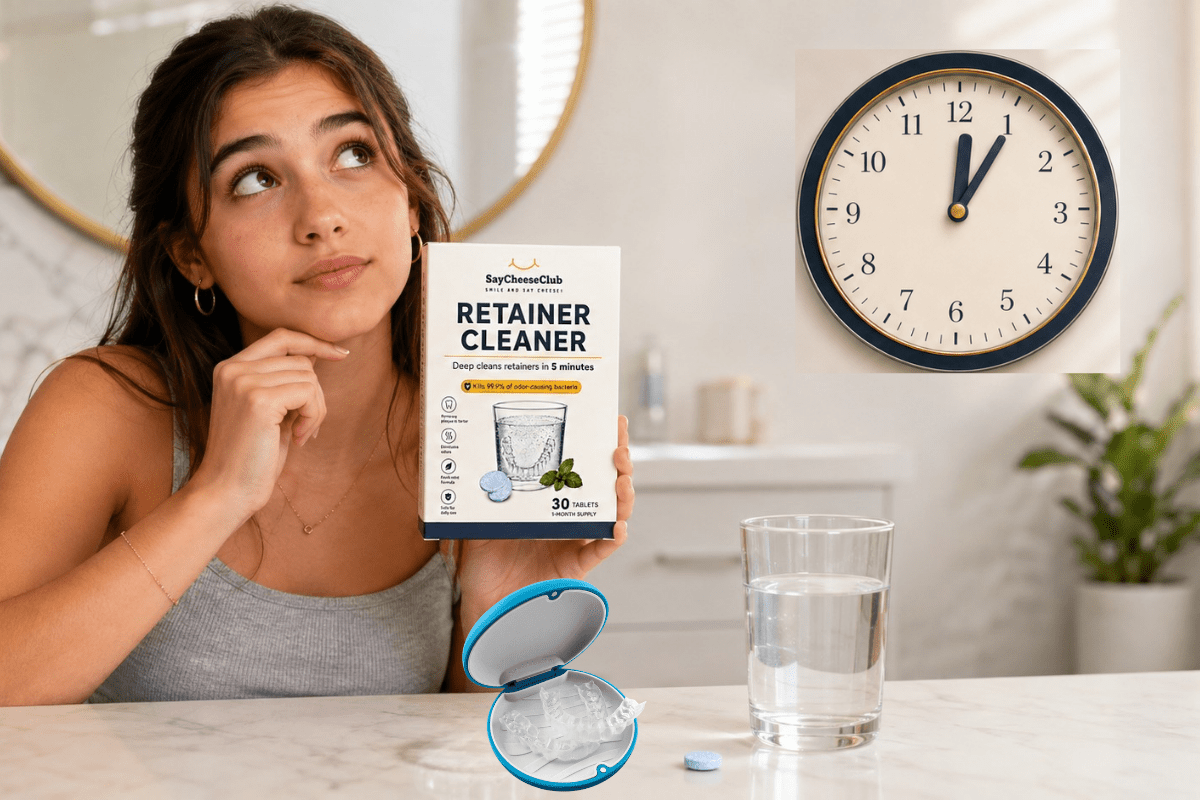 Woman checking a wall clock while holding SayCheeseClub Retainer Cleaner for soaking clear retainers