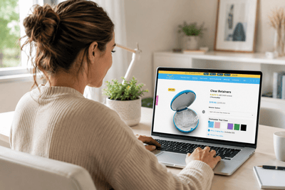 Woman shopping online from SayCheeseClub for a clear retainer on a laptop displaying a transparent retainer and blue case