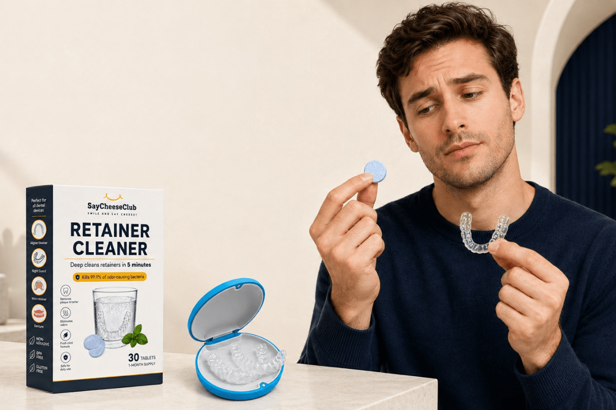 Man holding a SayCheeseClub retainer cleaning tablet and clear retainer beside a box of retainer cleaner tablets and blue retainer case
