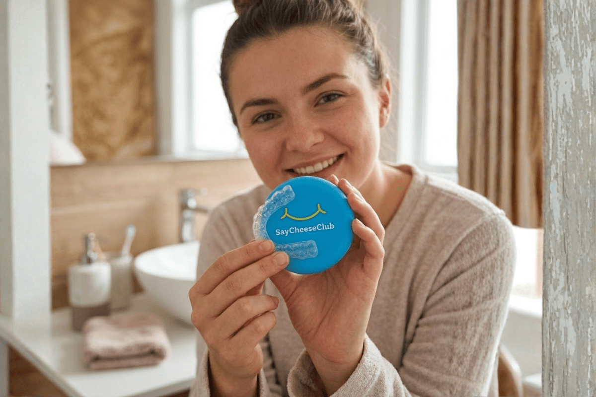 Woman holding a clear retainer with its case as part of a guide on how to clean clear retainers safely.