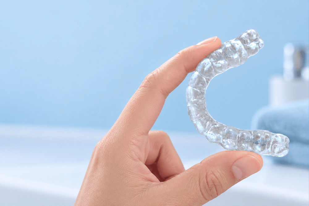 Hand holding a clear retainer with white calcium buildup.