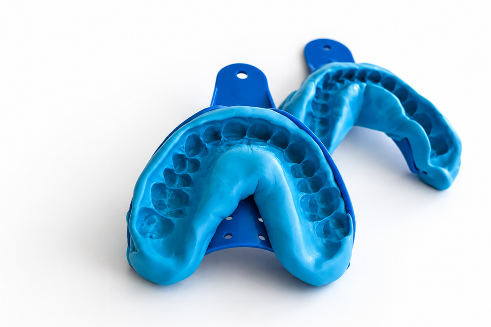 Two blue dental impression trays with detailed teeth impressions from SayCheeseClub made at home.