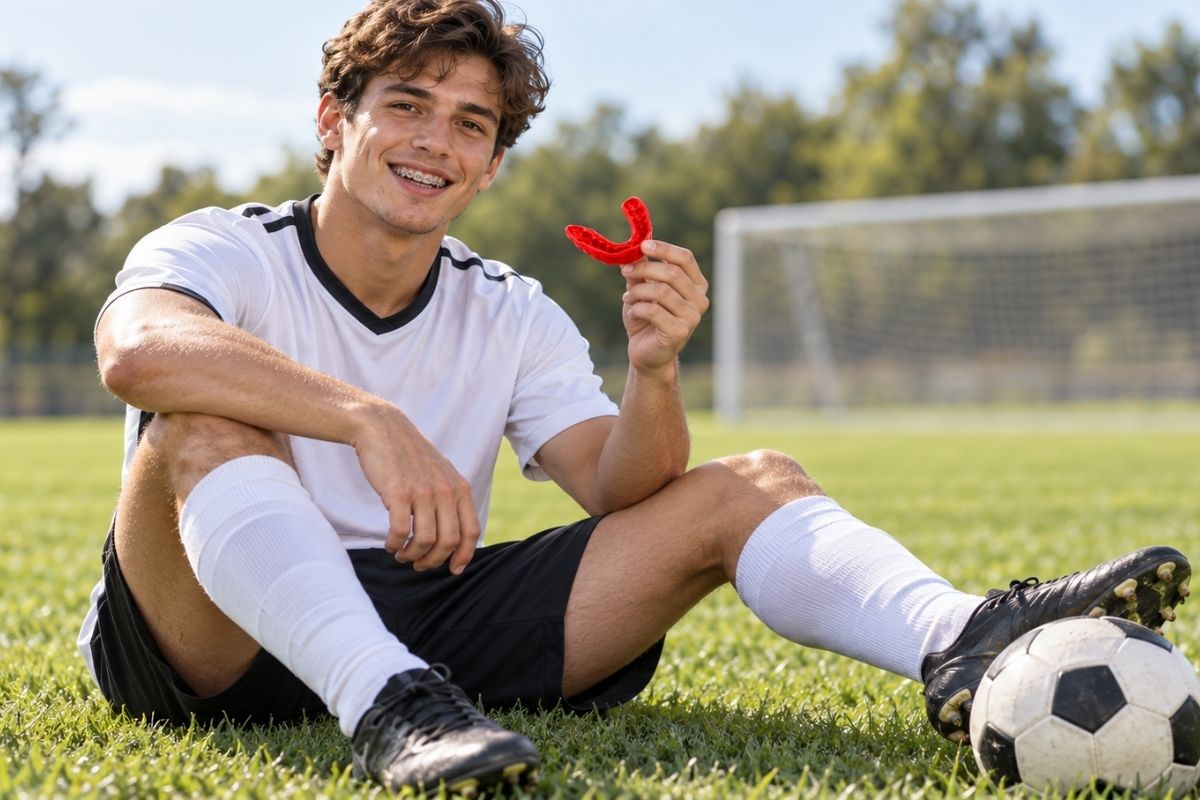 Soccer player with braces holding a red sports mouthguard from SayCheeseClub on a field.