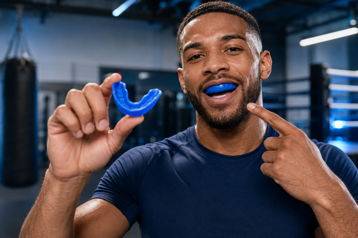 Male athlete showing a custom sports mouthguard before training 