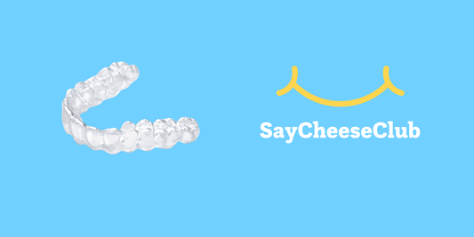 blue background with custom night guard next to SayCheeseClub logo
