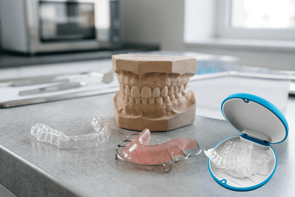 Orthodontic retainers including clear and Hawley retainers displayed with a dental model and blue retainer case from saycheeseclub