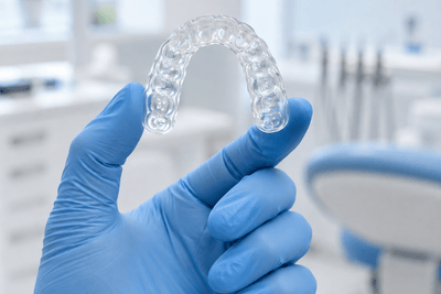 Dentist wearing a blue glove holding a clear custom night guard in a dental clinic