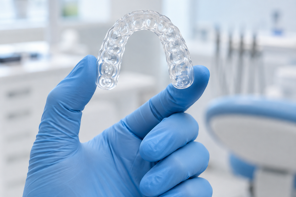 Dentist wearing a blue glove holding a clear custom night guard in a dental clinic