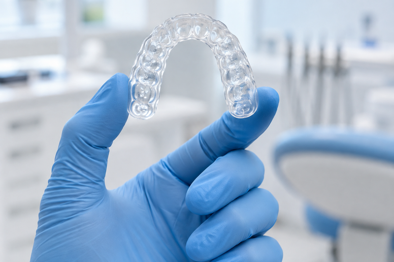 Dentist wearing a blue glove holding a clear custom night guard in a dental clinic