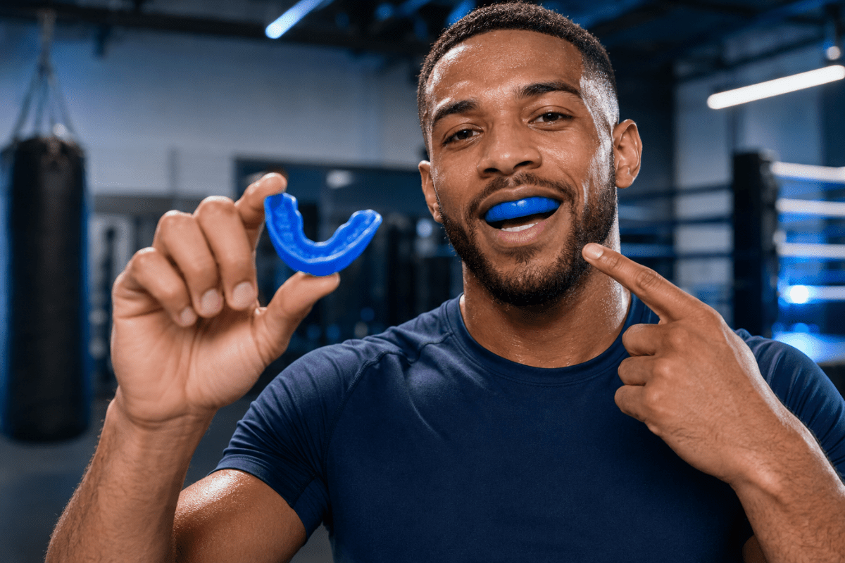 Male athlete showing a custom sports mouthguard before training 