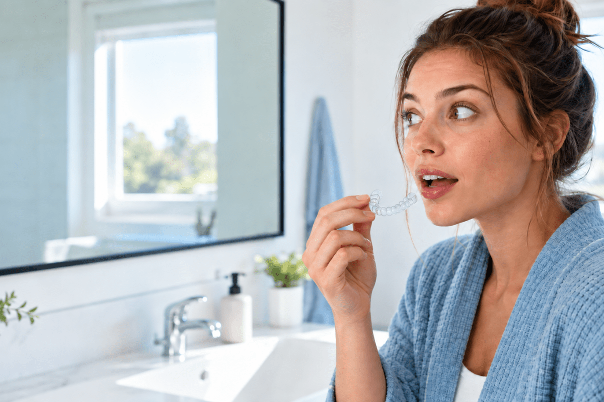 Woman holding a clear retainer near her mouth while experiencing excess saliva from retainer wear