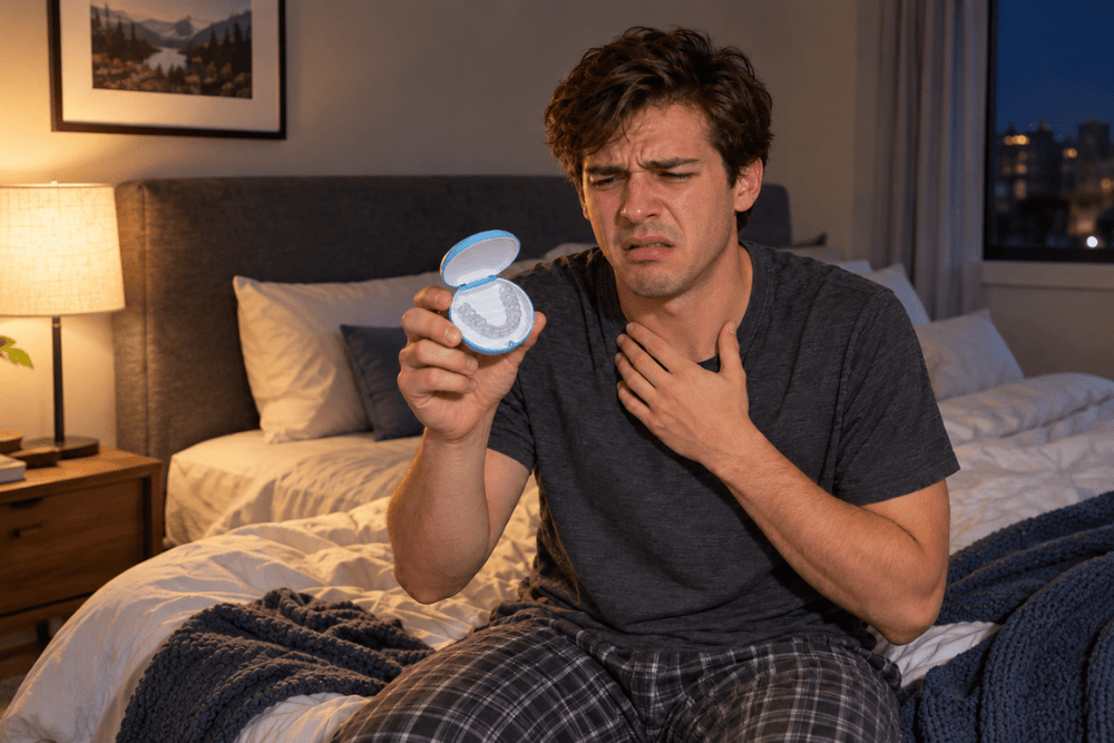 Man experiencing a gagging sensation while holding a clear custom night guard in its blue case before bed