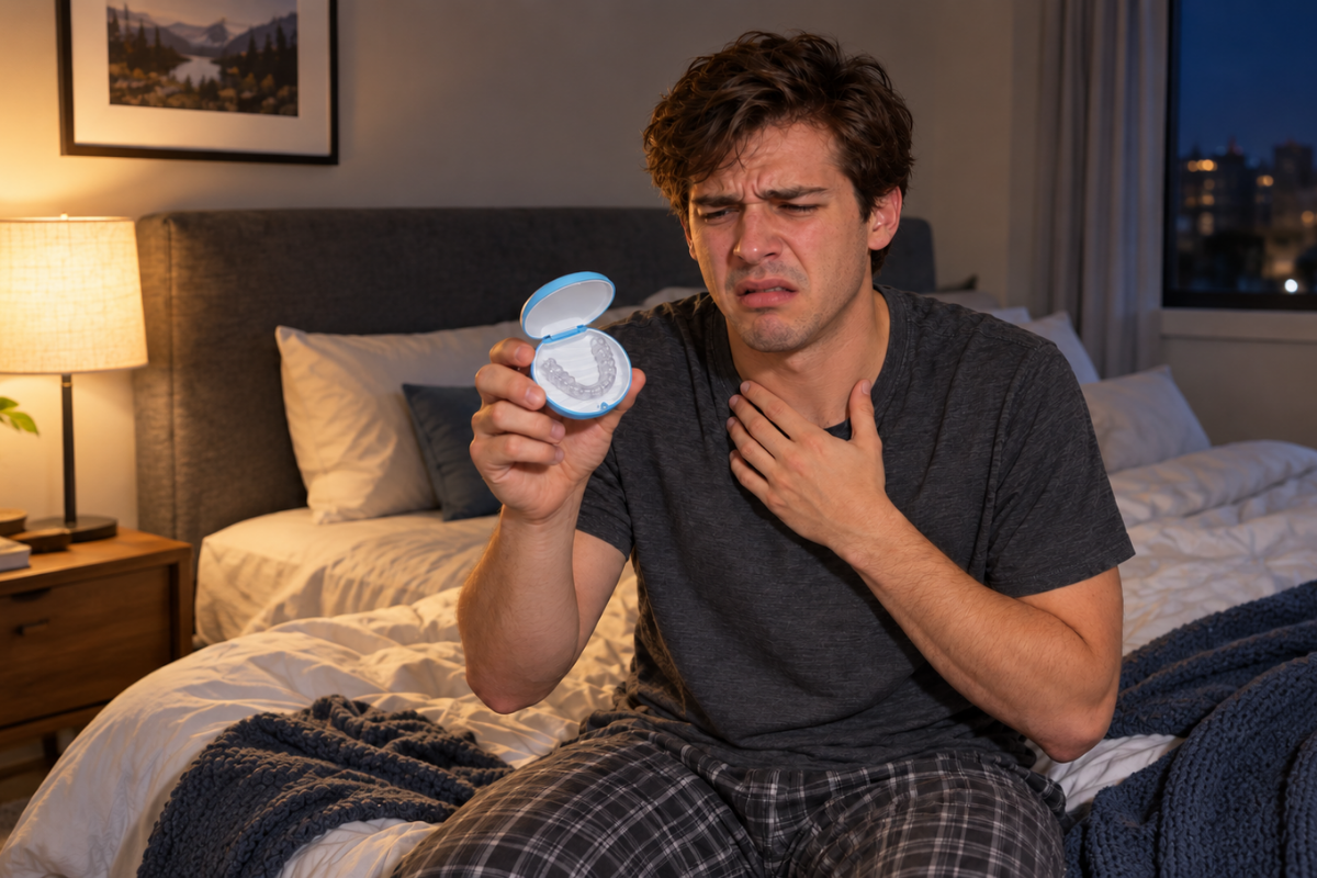 Man experiencing a gagging sensation while holding a clear custom night guard in its blue case before bed