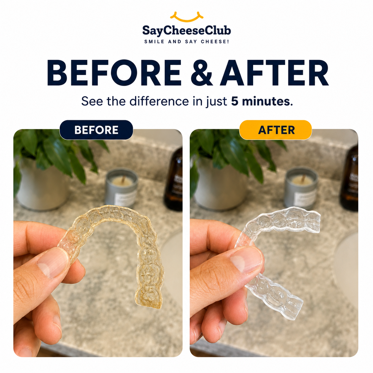 Before and after picture of clear retainer cleaning using tablets.