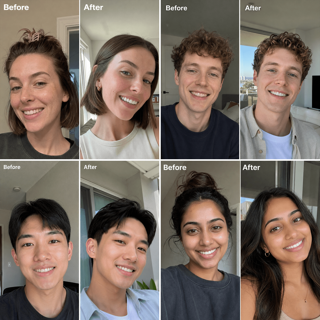 A 3x2 grid of six before-and-after portrait photos showing four different people, with 'Before' and 'After' labels at the top of each panel.