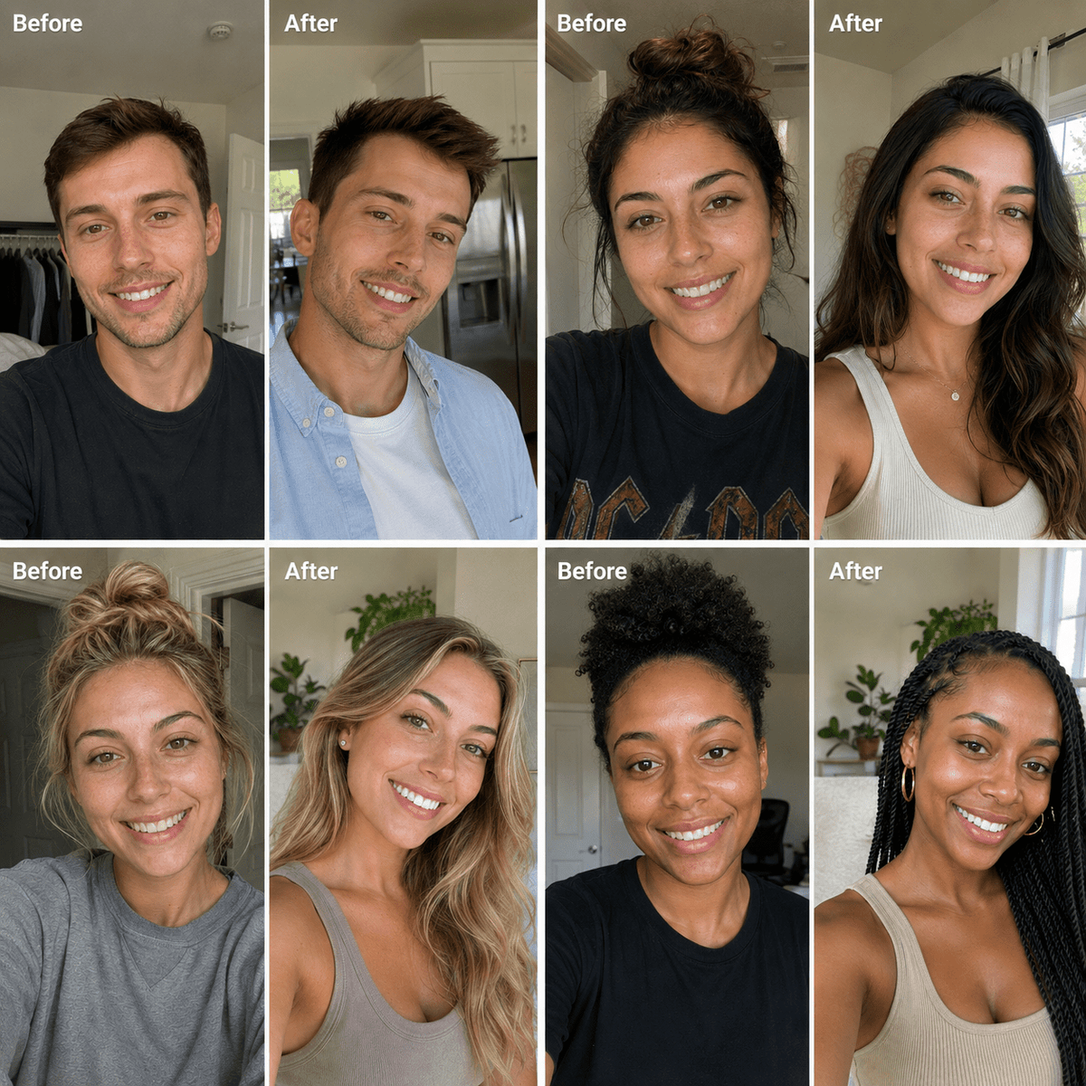 A 2x3 collage showing six women's faces with before-and-after beauty photos side by side, labeled 'Before' and 'After' at the top of each panel.