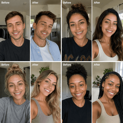 A 2x3 collage showing six women's faces with before-and-after beauty photos side by side, labeled 'Before' and 'After' at the top of each panel.
