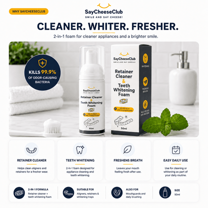 SayCheeseClub Retainer Cleaner and Teeth Whitening Foam set, featuring a 2-in-1 foam bottle, its retail box, a white dispenser bottle, and mint leaves on a clean white background with feature callout icons below.