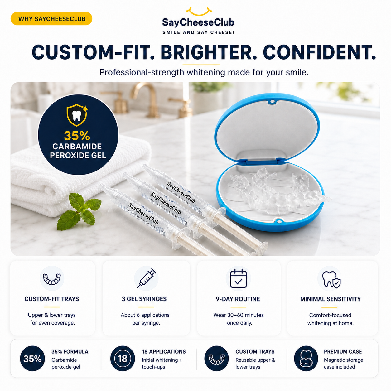 Promotional graphic for SayCheeseClub custom-fit teeth whitening trays and syringes. The image shows an open blue-and-white case with three syringes labeled SayCheeseClub, alongside folded white towels and mint leaves.