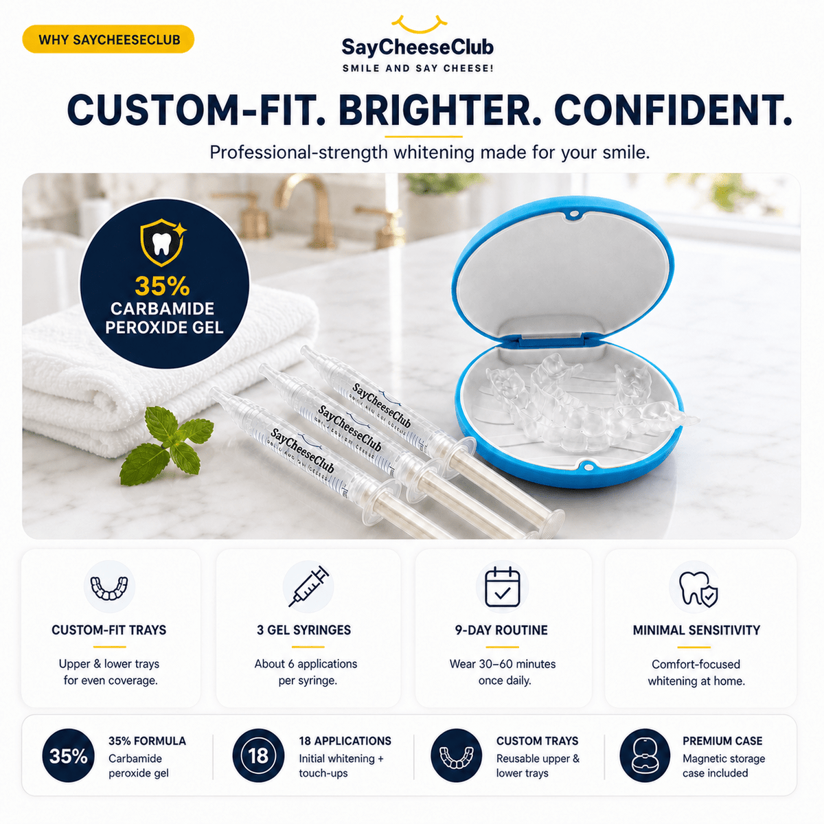 Promotional graphic for SayCheeseClub custom-fit teeth whitening trays and syringes. The image shows an open blue-and-white case with three syringes labeled SayCheeseClub, alongside folded white towels and mint leaves.