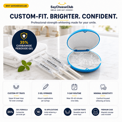 Promotional graphic for SayCheeseClub custom-fit teeth whitening trays and syringes. The image shows an open blue-and-white case with three syringes labeled SayCheeseClub, alongside folded white towels and mint leaves.