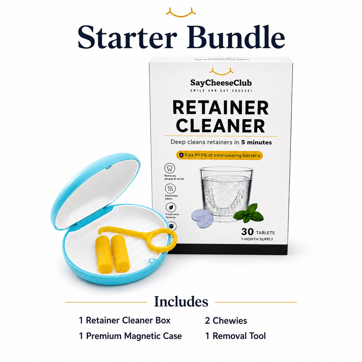 SayCheeseClub Retainer Cleaner Starter Bundle featuring a white product box, a light blue magnetic case, yellow removal tool, and yellow chew pieces, with text detailing the included items on a white background.