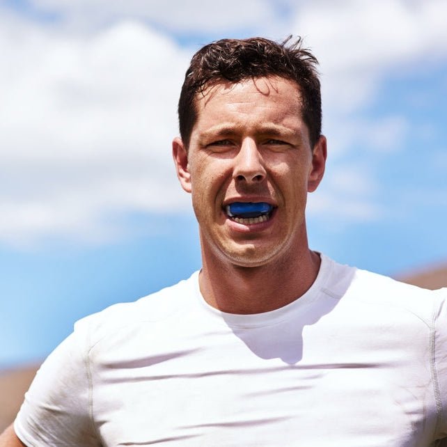 Blue mouth guard man is wearing