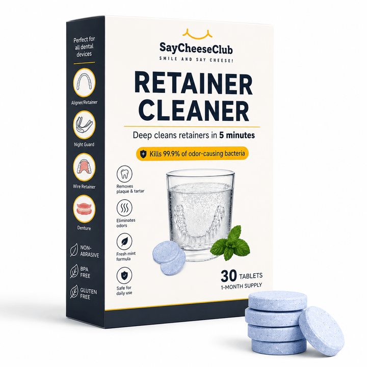 SayCheeseClub retainer cleaning tablets for retainers, night guards, sports mouth guards, clear aligners and other dental devices.