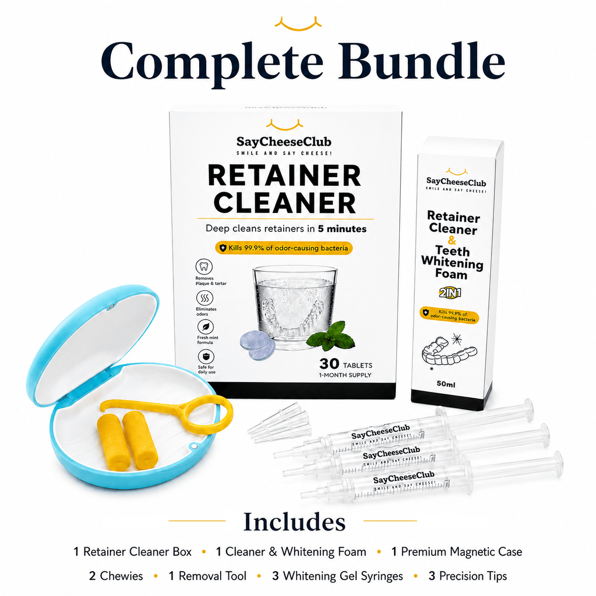 SayCheeseClub Retainer Cleaner complete bundle including a white and yellow product box, a blue-and-white magnetic case with yellow removal tool, three clear whitening gel syringes, and two chewies, shown on a white background with text detailing the included items.