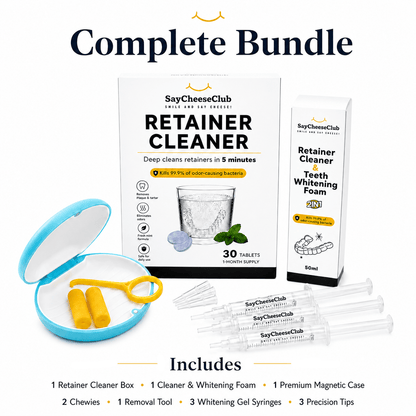 SayCheeseClub Retainer Cleaner complete bundle including a white and yellow product box, a blue-and-white magnetic case with yellow removal tool, three clear whitening gel syringes, and two chewies, shown on a white background with text detailing the included items.