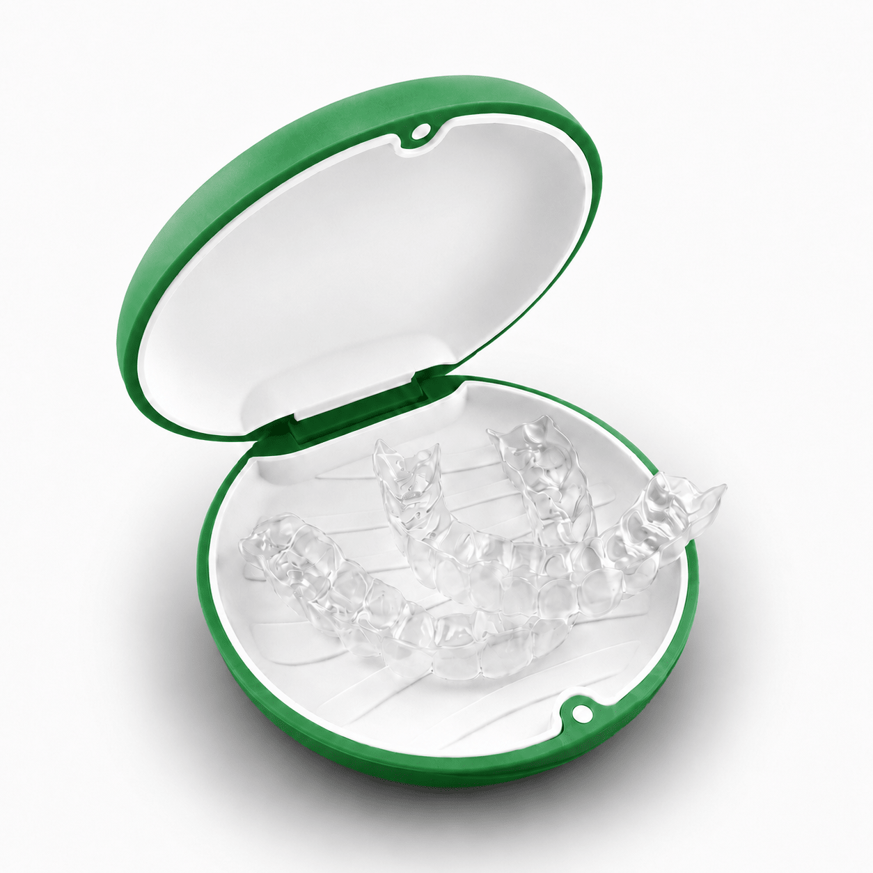A round green hard retainer case with a simple embossed smiley face on top, photographed on a clean white background.  Also good for clear aligner case.