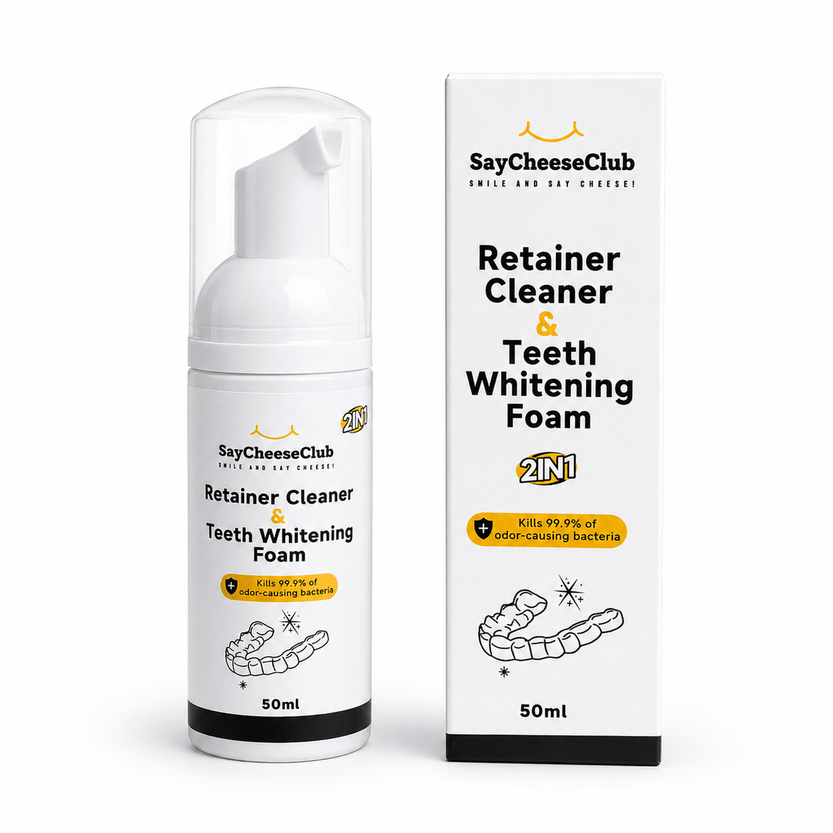 SayCheeseClub Retainer Cleaner & Teeth Whitening Foam shown as a white pump bottle next to its white retail box on a clean white background.