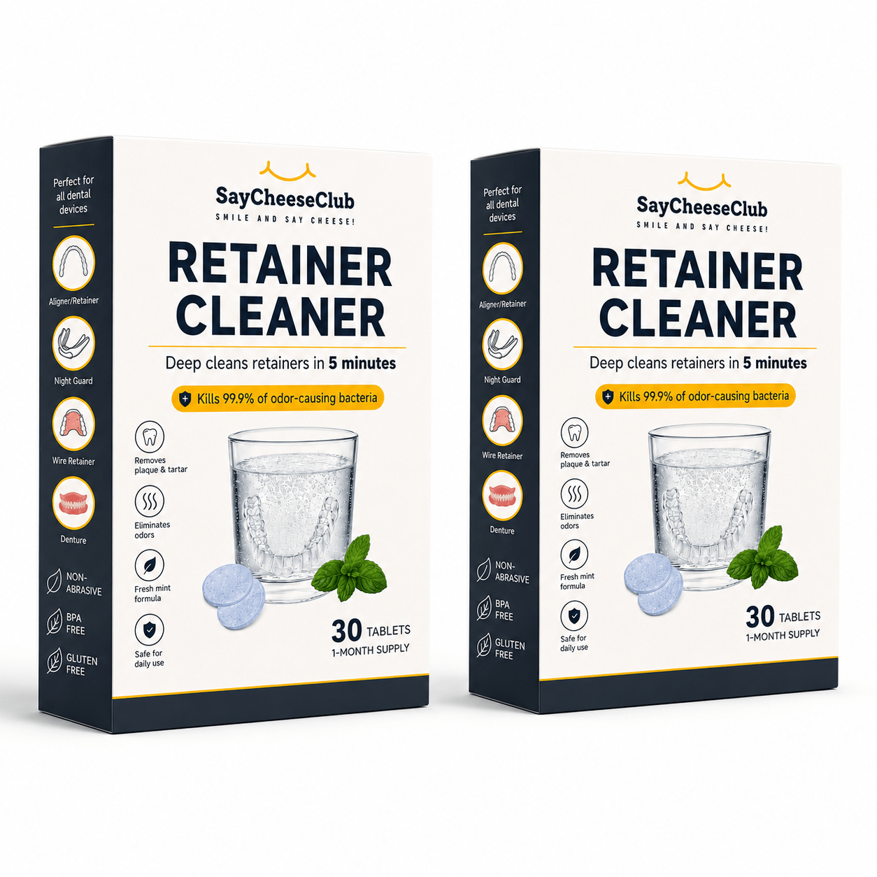 Two boxes of SayCheeseClub Retainer Cleaner shown side by side on a plain white background. The packaging is white and dark navy blue with yellow accents, featuring a glass of water, mint leaves, and round tablets on the front.