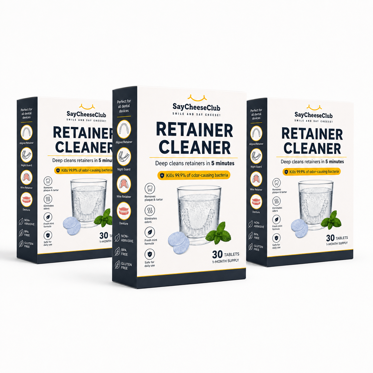 Three boxes of SayCheeseClub Retainer Cleaner arranged in a fan shape on a white background. The center box is fully visible, showing the front, side, and back panels, while the two side boxes are partially cropped.